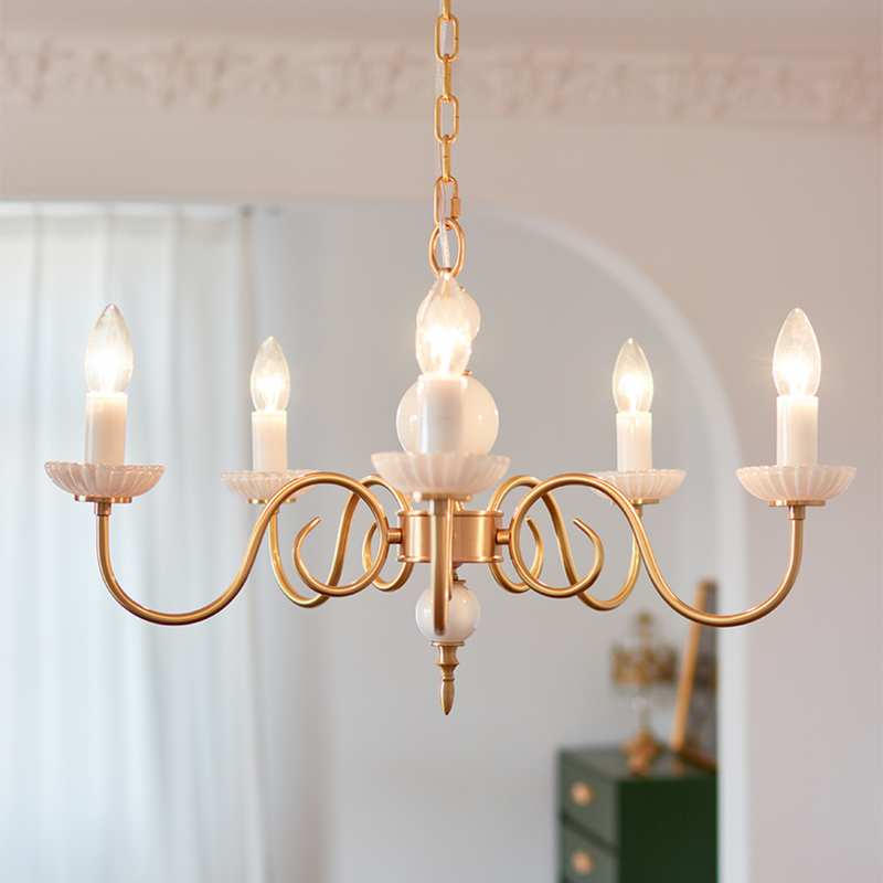 Cream Glass Chandelier American Retro Metal Chandelier Lamp Bedroom